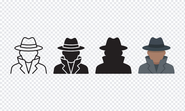 Detective icons set trench coat hat silhouette vector illustration.