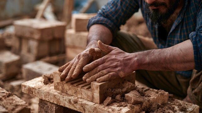 A person molds clay into bricks using a wooden mold  hands covered in earthy material  traditional craftsmanship close up