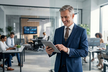 Fototapeta premium Confident mature businessman checking tablet in modern corporate office