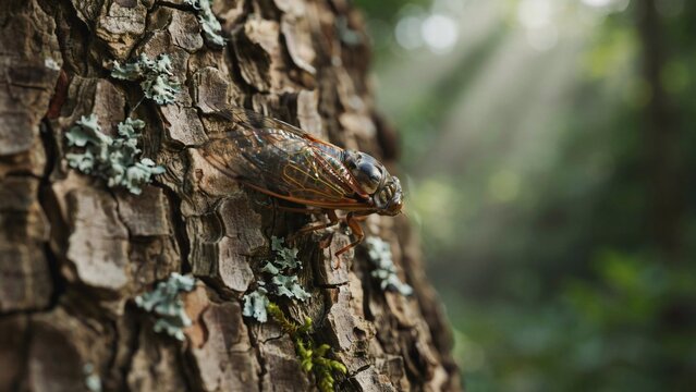 Macro view of a cicada resting on a textured tree trunk with soft sunlight filtering through the lush forest background