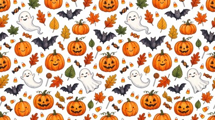 Fototapeta premium Halloween themed pattern with pumpkins, ghosts, bats, and autumn leaves on white background