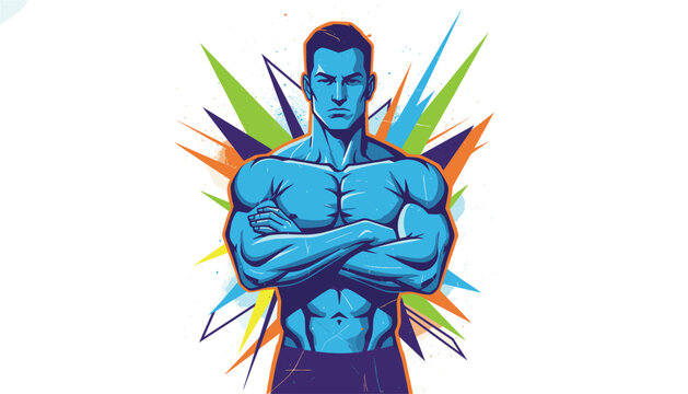 Powerful vector illustration of a strong muscular blue superhero standing with arms crossed against dynamic colorful shapes.