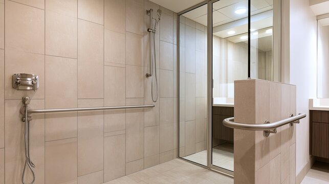 Accessible Bathroom with Roll-In Shower and Grab Bars.