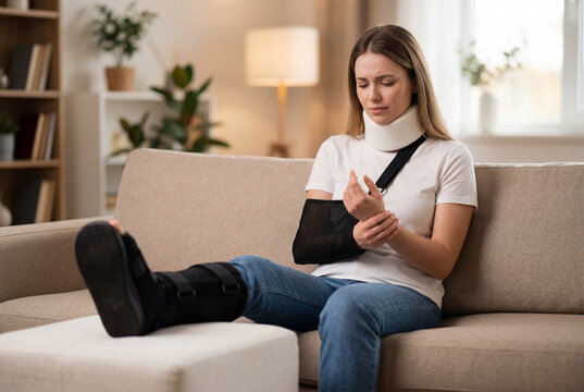 Injured young woman sitting on a sofa wearing a neck brace an arm sling and a black walking boot
