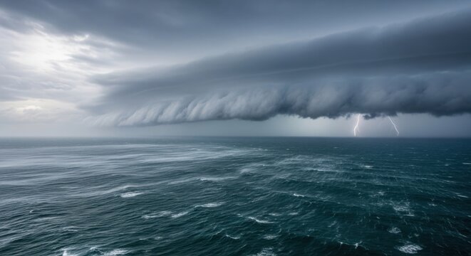 Stormy clouds over calm green ocean water