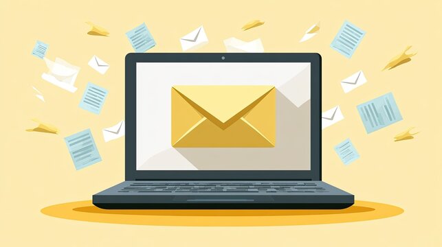 Laptop displaying an email envelope with flying messages around it.