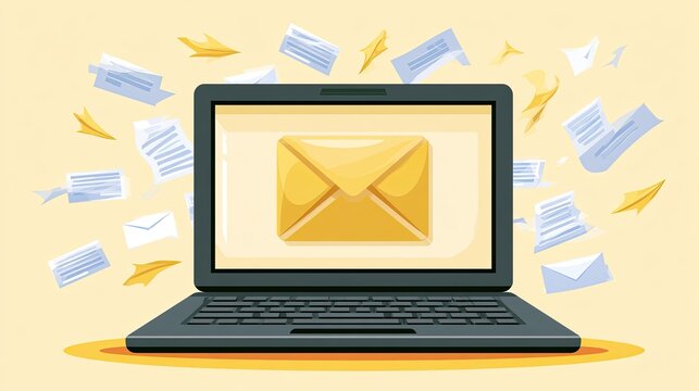 Laptop Displaying Golden Envelope Surrounded by Flying Papers.