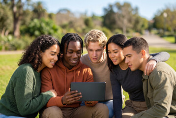 Obraz premium Diverse group of happy young friends looking at digital tablet in park