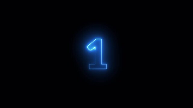 Glowing neon number 1 isolated on dark background, 3D blue illuminated digital number animation for countdown, leader, top rank, or anniversary glowing loop  mathmetical number from 0 to 10 with 4k .