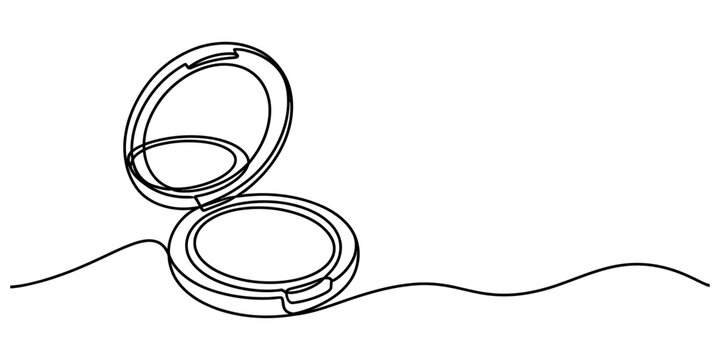 Continuous single line drawing of an open cosmetic powder compact case with mirror