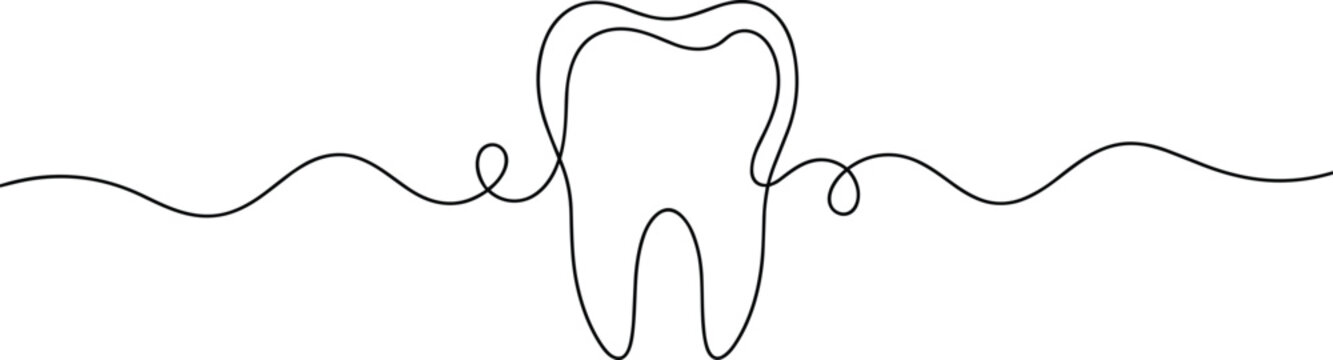 Minimalist continuous single line drawing of a human tooth molar with wavy design isolated on white background for dental concept