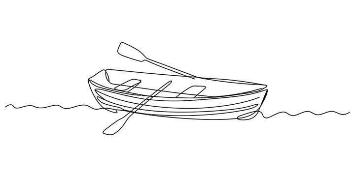 Simple one line drawing of a rowing boat with an oar floating on water