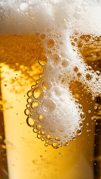 Aesthetic golden beverage macro background with realistic carbonated foam texture vertical composition perfect for mobile application ads and social media stories.
