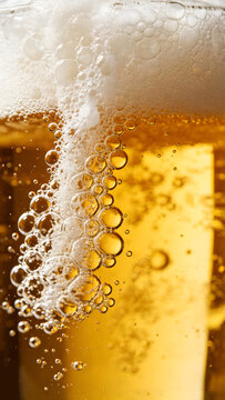 Aesthetic golden beverage macro background with realistic carbonated foam texture vertical composition perfect for mobile application ads and social media stories.