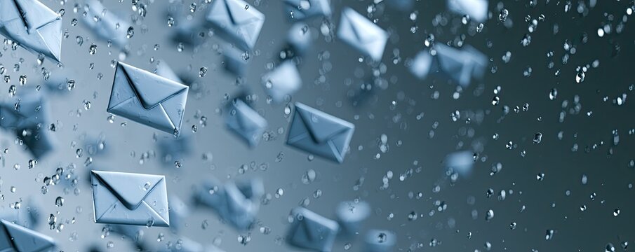 Abstract representation of digital communication and email delivery through a network of floating envelopes.