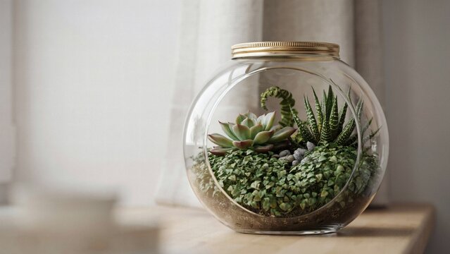 Small glass terrarium with succulents and ground cover plants on a wooden surface in a bright minimalist interior setting