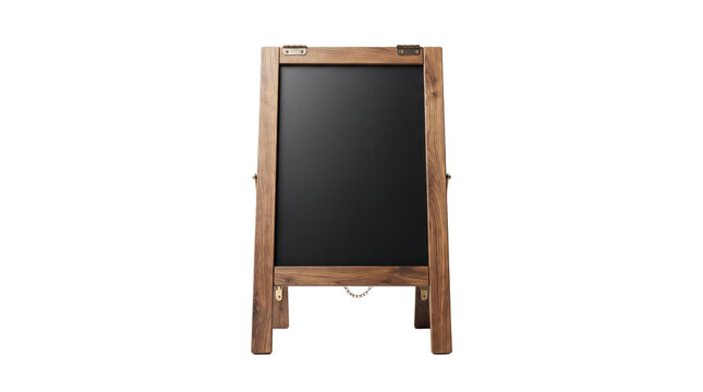 Rustic wooden chalkboard easel for restaurant menu display, blank black sandwich board sign, vintage timber sidewalk A-frame mockup isolated PNG with Transparent Background