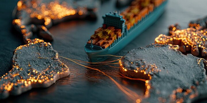 Abstract representation of global trade and resource distribution with miniature cargo ship and raw materials.
