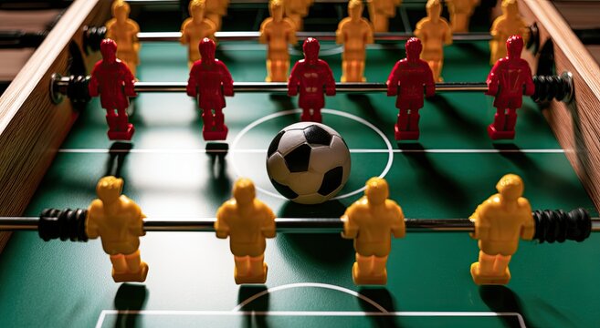 Close up of a foosball table with red and yellow players and a soccer ball.