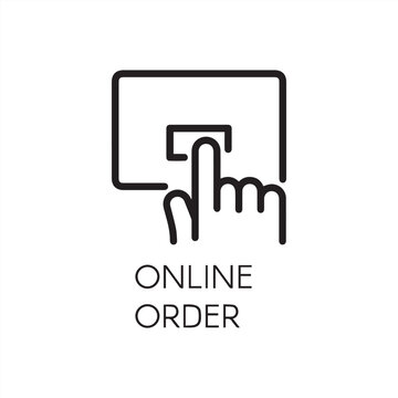 Line icon for online orders and purchases. Hand clicking on an order button concept. Simple black linear label for mobile applications, online shops and booking sites. Vector illustration