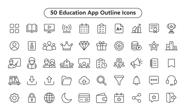 Education App Outline Icons Set, School, Learning, Student, Teacher, Course and E-Learning UI Line Vector Collection