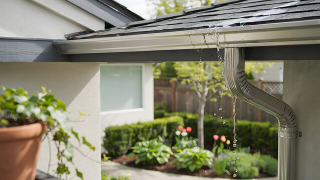 Rain water leaking from an overflowing metal gutter on a modern house exterior