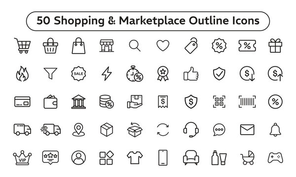 Shopping and Marketplace Outline Icons Set, Ecommerce UI Line Vector Collection for Mobile App, Website and Online Store