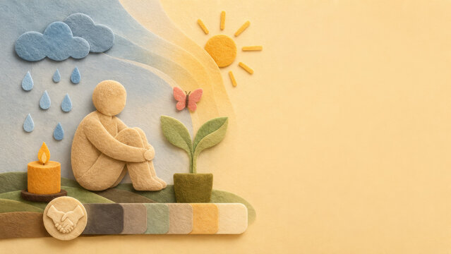 Person recovering from grief with raincloud candle plant and sunlight