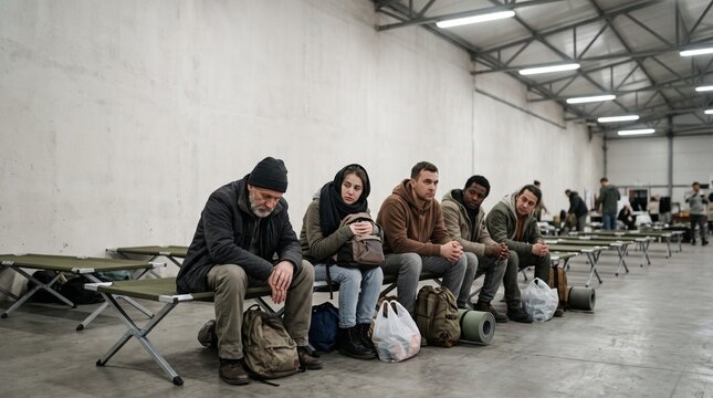 Tired refugees sitting on cots in temporary emergency shelter
