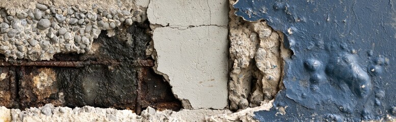 Fototapeta premium Close-up of weathered and peeling paint on a textured surface with visible layers of material.