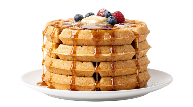 Golden Belgian waffles stack with maple syrup and berries, delicious breakfast food on white plate, sweet toasted waffles with butter and blueberries