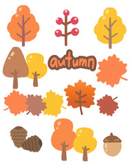 Obraz premium Cute Autumn Leaves and Trees Clipart Collection in Flat Style