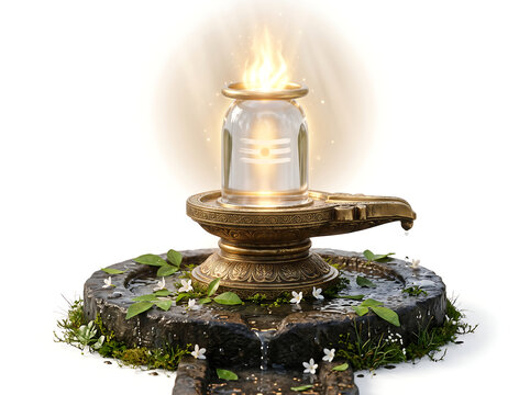 A centered polished crystal Shiva lingam with subtle white ash marks on an ornate brass yoni base with glowing golden light and sacred water droplets