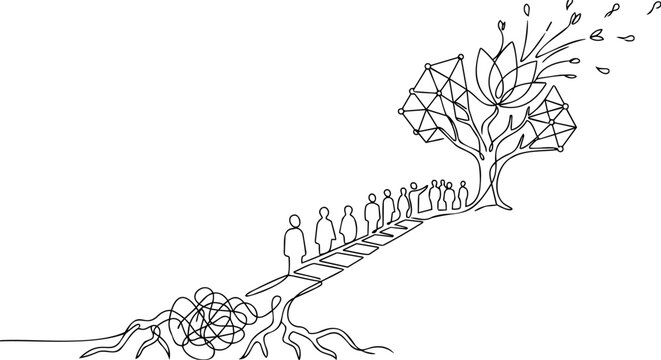 Continuous one line drawing of generic chaos root transforming into path with team walking towards geometric network tree and blooming flower concept vector