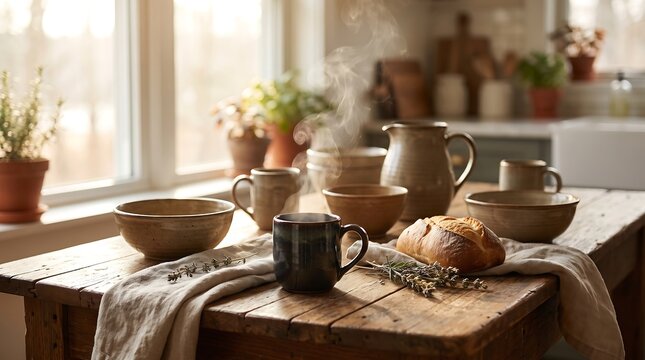 A charming rustic kitchen wooden table featuring a steaming mug of hot coffee, ceramic bowls, a pitcher, and a loaf of fresh bread on a linen cloth with soft window light