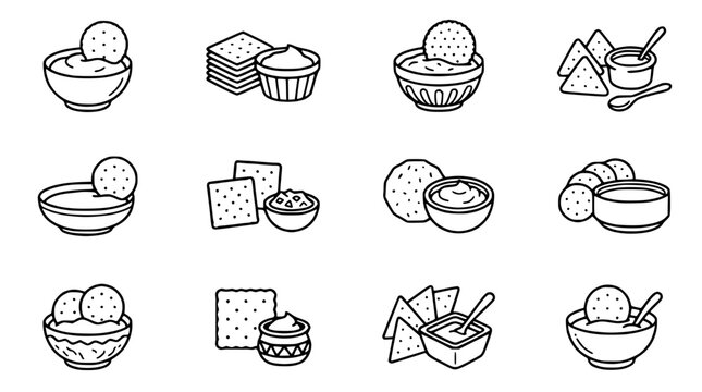 Dipping Snacks Collection: Chips, Crackers, and Dips - Line Art Icons