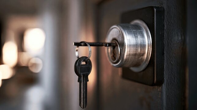 Close-up of a key inserted into a lock mechanism.
