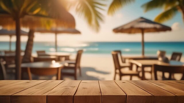 Wooden tabletop in the foreground with a blurred tropical beach restaurant behind it.