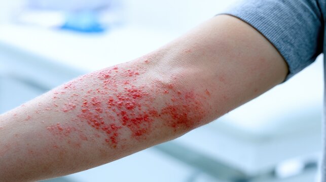 Close-up of a persons arm showing a severe skin rash with redness and inflammation.