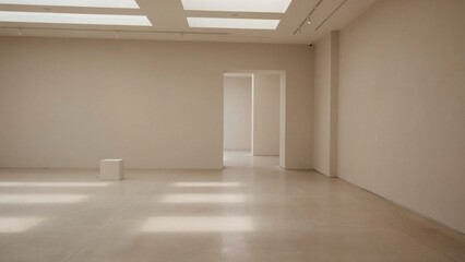 Fototapeta premium Minimalist art gallery interior with white walls and a single pedestal in a bright open space