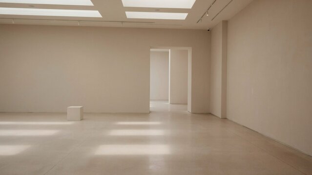 Minimalist art gallery interior with white walls and a single pedestal in a bright open space