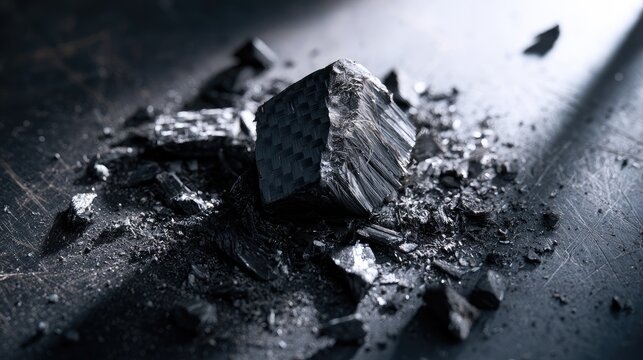 Close-up of a dark, rough mineral specimen with sharp edges and a textured surface.