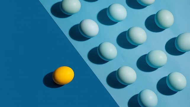 abstract, sphere, yellow, blue, leadership, uniqueness, standout, individuality, different, contrast, concept, creativity, innovation, strategy, success, teamwork, competition, choice, influence, conf