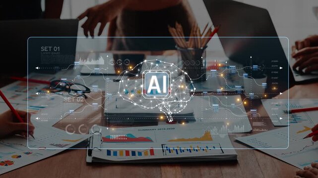 A vibrant business meeting centered around AI innovation, featuring collaborative discussions, engaging data analytics, and modern office elements for strategic growth. Raster