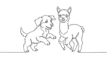 Fototapeta premium Single line art drawing of a puppy playing with a happy llama isolated on white background continuous illustration