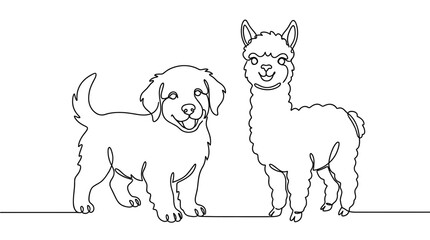 Fototapeta premium Continuous single line drawing of a cute puppy standing next to a smiling llama on white background with continuous
