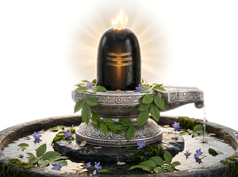 A centered black granite Shiva lingam with golden kumkum marks and bilva leaf garland on ornate silver yoni base