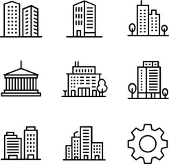 Obraz premium Modern Building Icon Collection, Minimal Line Vector Set with City Architecture Office and Settings Symbols