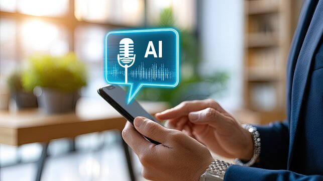AI voice assistant on smartphone with sound waves and microphone icon.