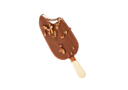 Chocolate ice cream bar with nuts bitten on transparent background